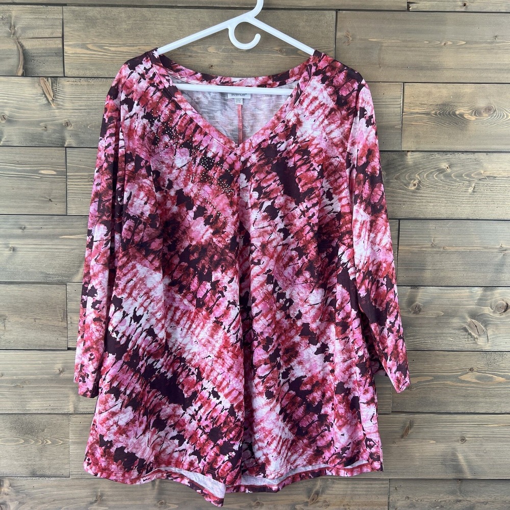 Avenue Womens Shirt 3/4 Sleeve Vneck Embellished Tie Dye Watercolor Pink 22 24